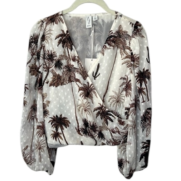 Joie Desert Palm Tree Faux Wrap Long Sleeve Crop Blouse Size S - Picture 2 of 9